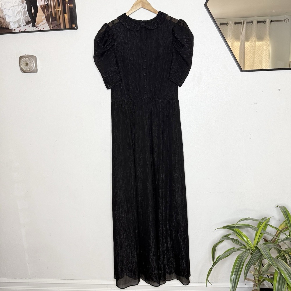 Gal Meets Glam Jolene Short Puff Sleeve Maxi Dress Lined Shimmer Women's US 6